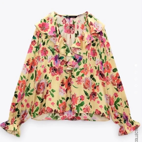 Zara Tops - M ZARA M Yellow Colorful Floral Print Ruffle Front Long Sleeve Silky Blouse